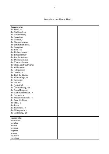 Wortschatz zum Thema: Hotel Rzeczowniki: das Hotel, -s ... - SJO PWr