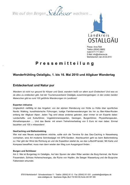 Pressemitteilung - Tourismus OstallgÃ¤u