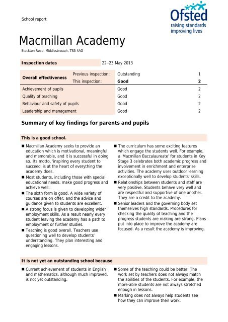 Ofsted Report - Macmillan Academy