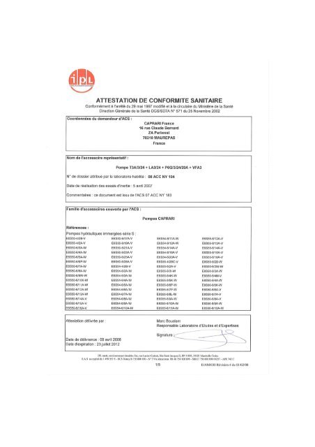 Page Mb ATTESTATION DE CONFORMITE SANITAIRE ...