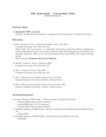 Elli Androulaki â€“ Curriculum Vitae - Columbia University