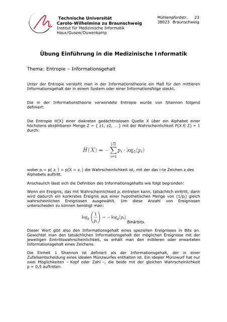 Ãbung 1: Entropie & Informationsgehalt