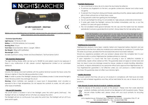 UV LED FLASHLIGHT â NSUV365 User Manual - Nightsearcher Ltd