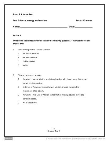 Form 3 Science Test Test 6: Force, energy and motion ... - Pearson