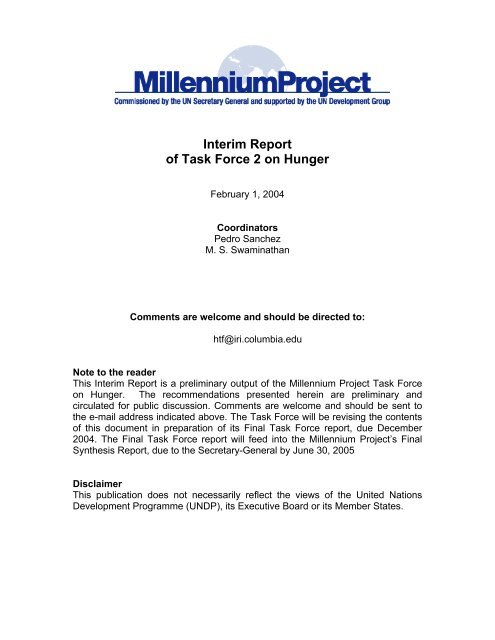 Interim Report of Task Force 2 on Hunger - UN Millennium Project