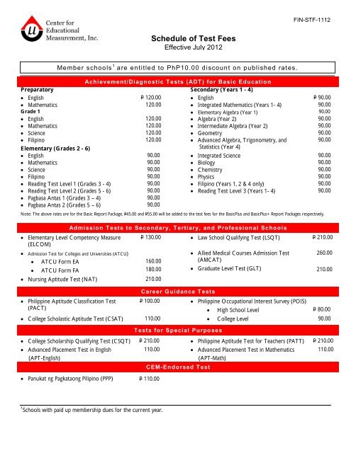 schedule-of-test-fees-center-for-educational-measurement-inc