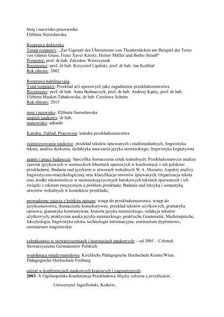 dr hab Elżbieta SIEROSŁAWSKA