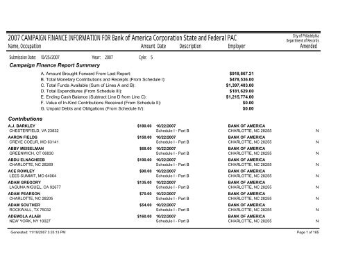 2007 Campaign Finance Information For Bank Of America