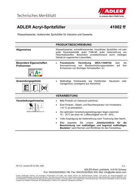 Technisches Merkblatt - ADLER - Lacke