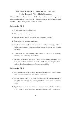 Test Code: RE I/RE II (Short Answer type) 2008 (Junior Research ...