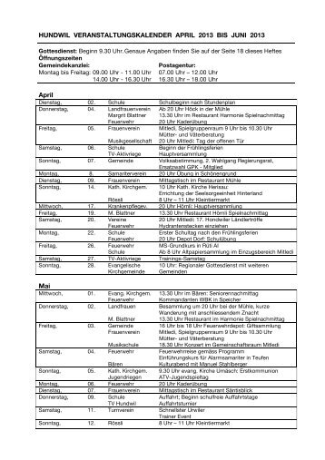 HUNDWIL VERANSTALTUNGSKALENDER APRIL 2013 BIS JUNI ...