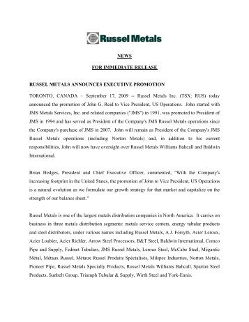 Russel Metals Annouces Executive Promotion - Russel Metals, Inc.