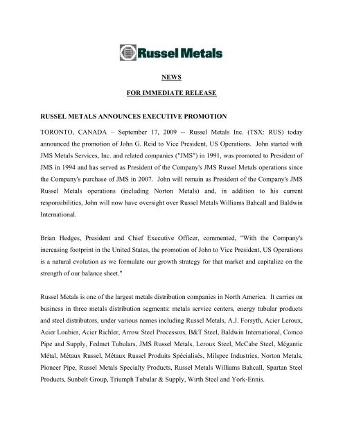 Russel Metals Annouces Executive Promotion - Russel Metals, Inc.