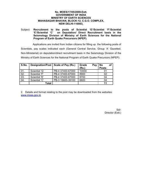 Recruitment to the posts of Scientist G/F/E/C in the Seismology ...