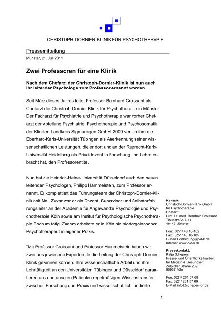 Zwei Professoren Fur Eine Klinik Christoph Dornier Klinik Fur