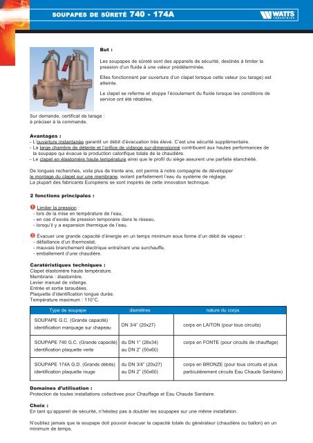 Soupapes de sÃƒÂ»retÃƒÂ© 740 (g.c.) sÃƒÂ©rie fonte 174A ... - Watts Industries