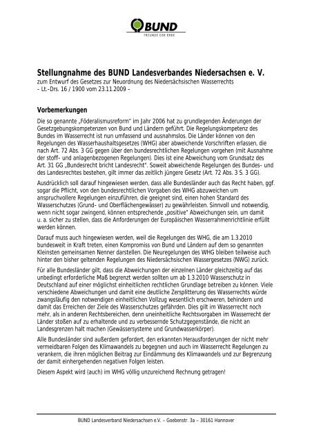 Stellungnahme des BUND Landesverbandes Niedersachsen e. V.