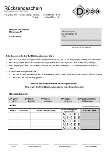 RÃ¼cksendeschein - Wolfram Droh GmbH