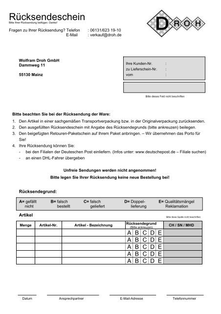 RÃ¼cksendeschein - Wolfram Droh GmbH