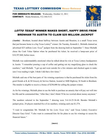 TEXAS LOTTERY COMMISSION News Release - Txlottery