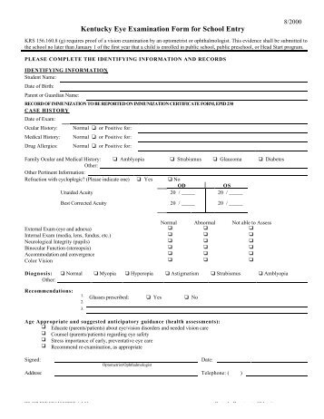 Kentucky Eye Examination Form for School Entry - Jefferson County ...