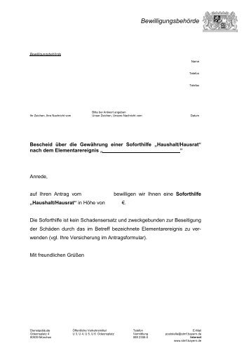Bewilligungsbescheid Soforthilfe "Haushalt/Hausrat" ( pdf ) - Bayern