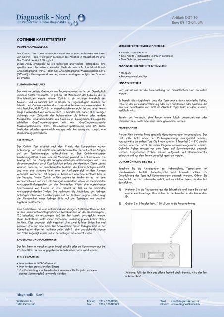 Produktdaten zum Cotinin-Test - Praxisdienst