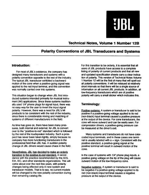 Technical Notes, Volume 1 Number 12B Polarity Conventions of JBL ...