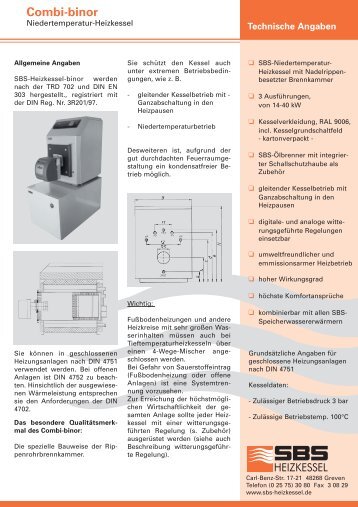 Technische Angaben Combi-binor - SBS Heizkessel