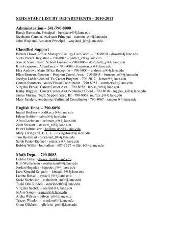SEHS STAFF LIST BY DEPARTMENTS - South Eugene High School