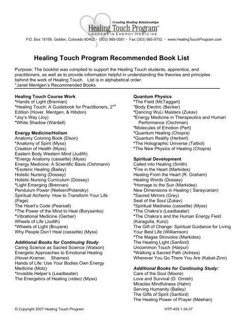 HT Book List - Healing Touch Program