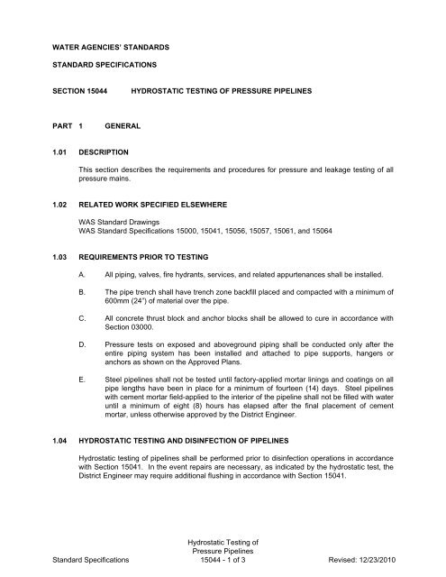 Hydrostatic Testing Of Pressure Pipelines Standard Specifications