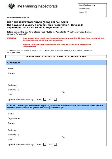 Tree Preservation Order Appeal Form PDF - Planning Portal