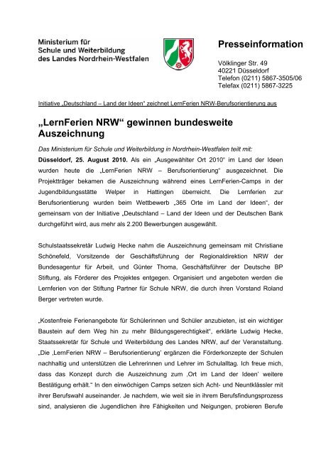 âLernFerien NRWâ gewinnen bundesweite Auszeichnung