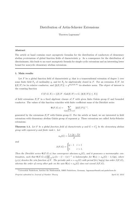 Distribution of Artin-Schreier Extensions - Institut für Mathematik ...