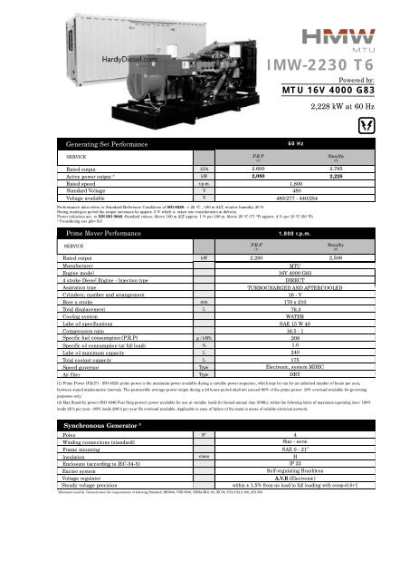 Mtu Detroit Diesel 2230 Kw Generator Spec Sheet Hardy Diesels
