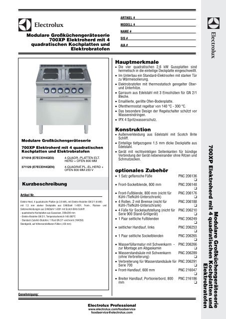 700XP Elektroherd mit 4 quadratischen Kochplatten und - Electrolux