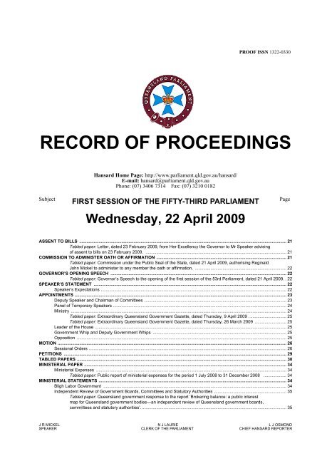 RECORD OF PROCEEDINGS - Queensland Parliament ...