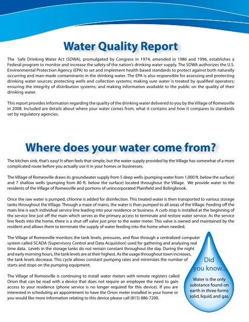 2008 Water Quality Report - Village of Romeoville
