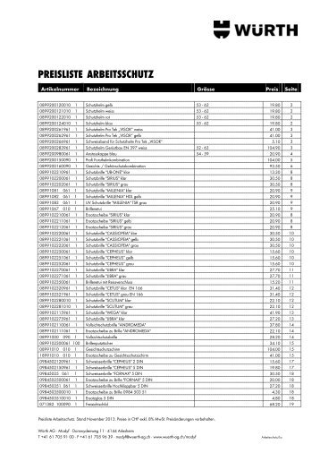 PREISLISTE ARBEITSSCHUTZ - Wuerth AG