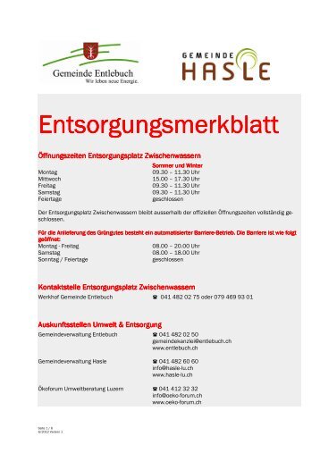 Entsorgungsmerkblatt der Gemeinde Hasle und Entlebuch