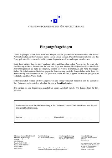 Eingangsfragebogen - Christoph-Dornier-Klinik für Psychotherapie