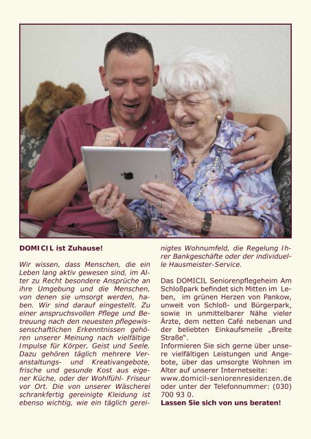 Das Magazin des DOMICIL-Seniorenpflegeheims in Berlin Pankow