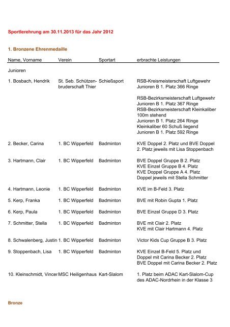 Namensliste der geehrten Sportler/in - Stadtsportverband Wipperfürth