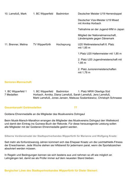 Namensliste der geehrten Sportler/in - Stadtsportverband Wipperfürth