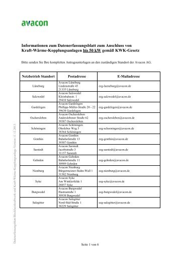 Datenerfassungsblatt KWK-Anlage bis 50 kW - Avacon