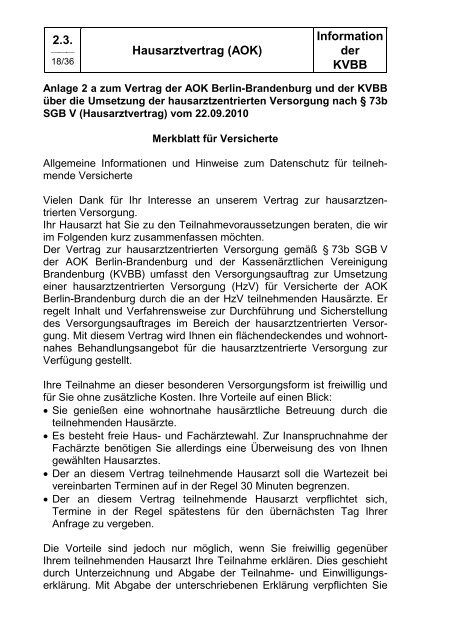 Hausarztvertrag (AOK) - Kassenärztlichen Vereinigung Brandenburg