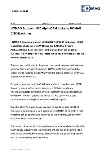 HOMAG & Licom: 850 AlphaCAM Links to HOMAG ... - HOMAG Group