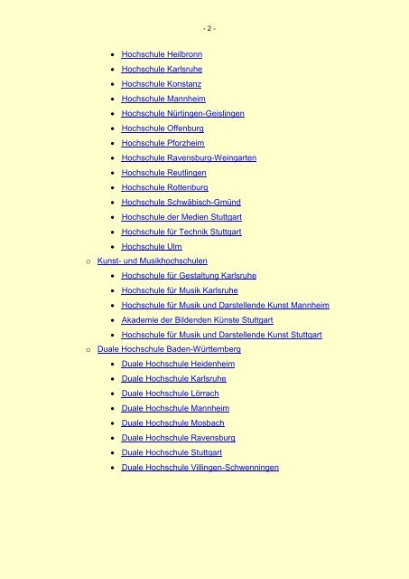 Ausbau nach Hochschularten, Fächergruppen und Liste der