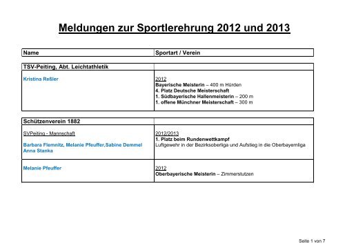 Meldungen zur Sportlerehrung 2012 und 2013 - TSV Peiting